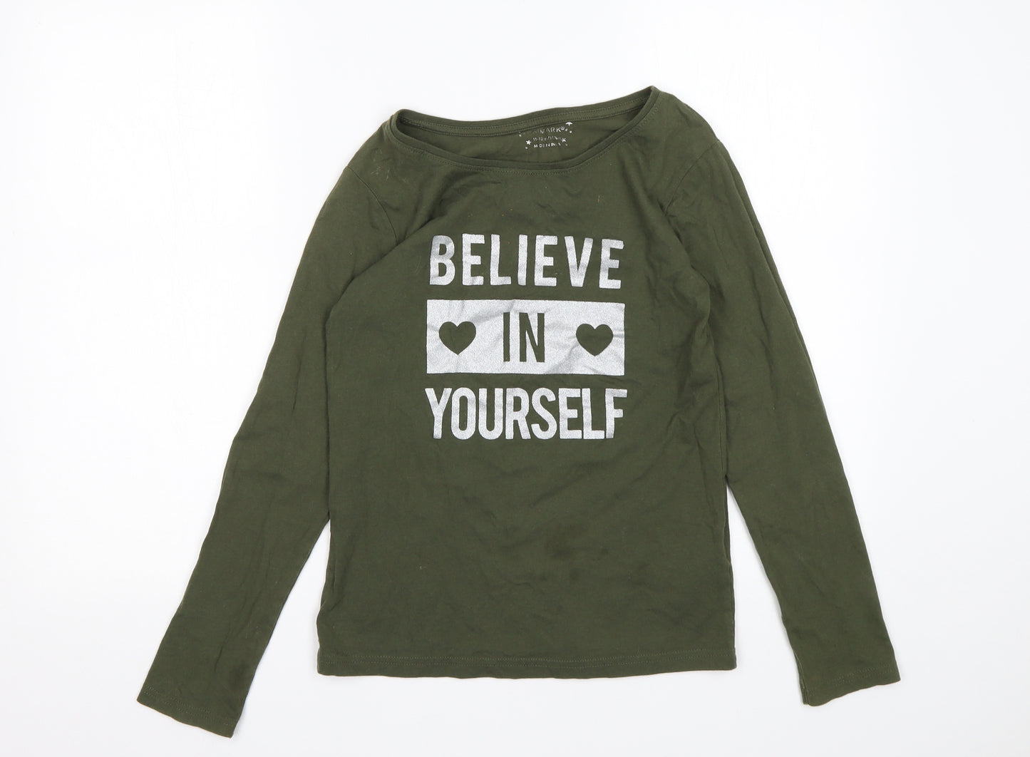 Primark Girls Green  Cotton Basic T-Shirt Size 11-12 Years Round Neck