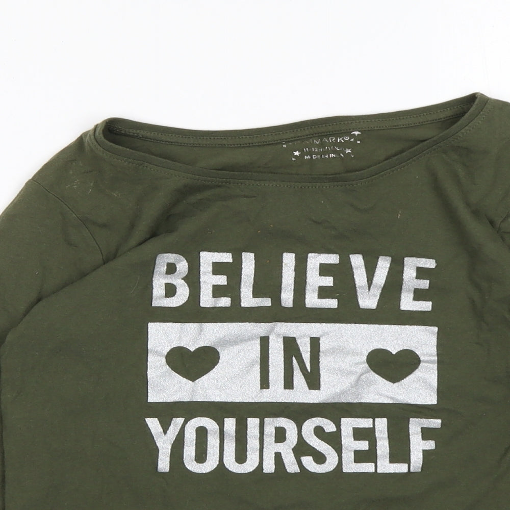 Primark Girls Green  Cotton Basic T-Shirt Size 11-12 Years Round Neck