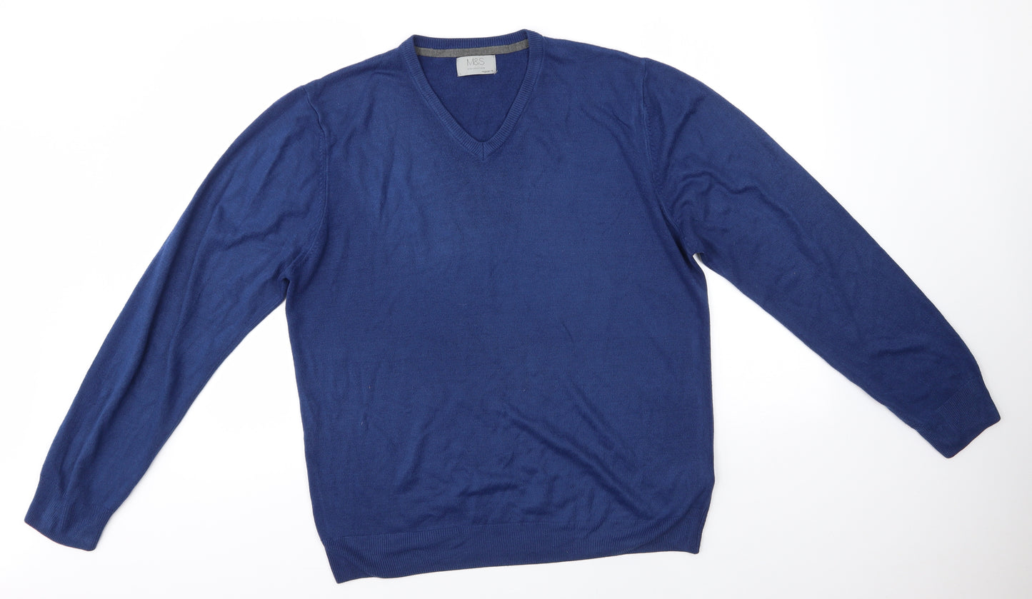 M&S Mens Blue V-Neck  Acrylic Pullover Jumper Size L