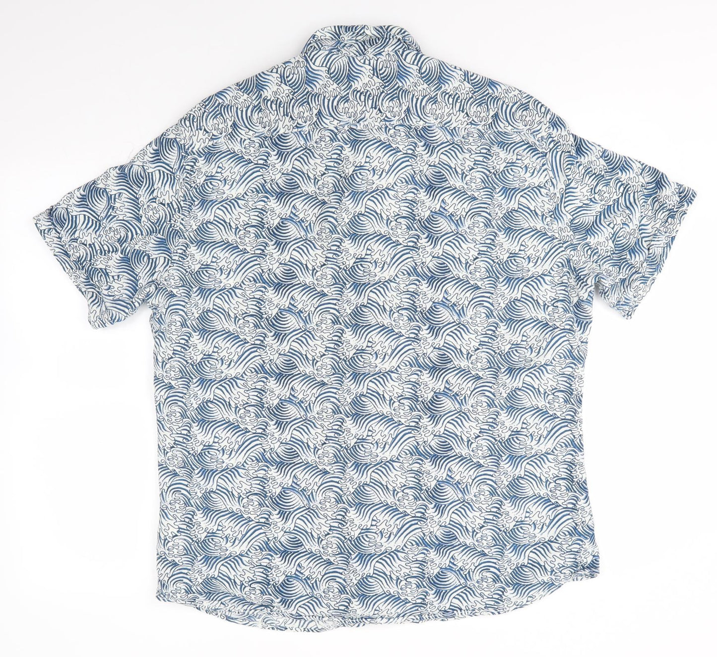 M&S Mens Blue  Cotton  Button-Up Size L Collared  - Beach Waves