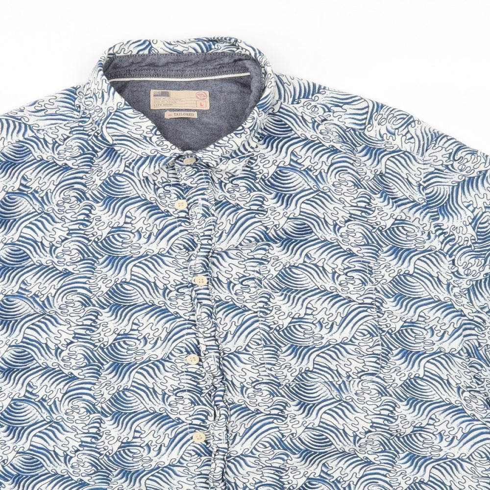 M&S Mens Blue  Cotton  Button-Up Size L Collared  - Beach Waves