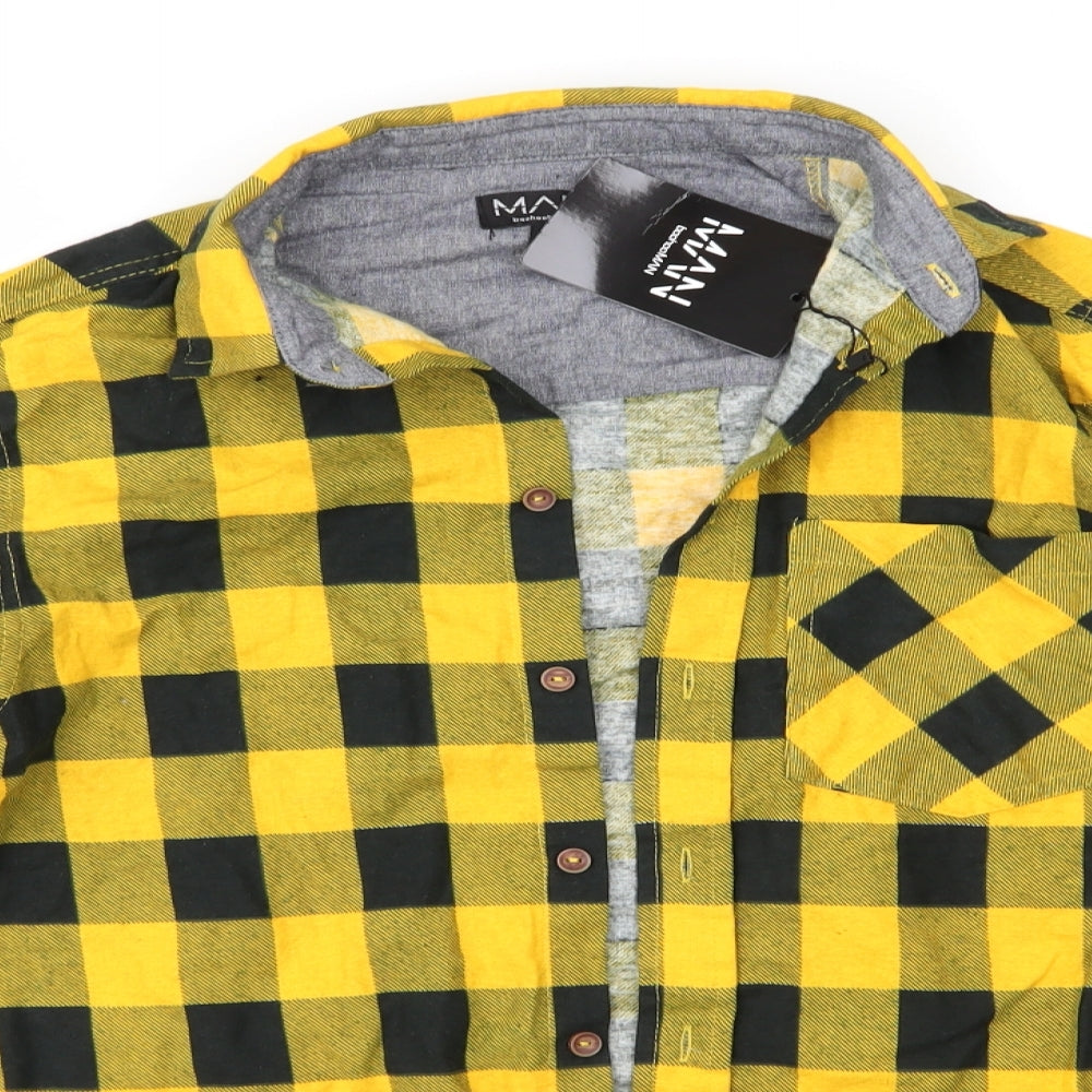 Boohoo MAN Mens Yellow Check Cotton  Button-Up Size S Collared