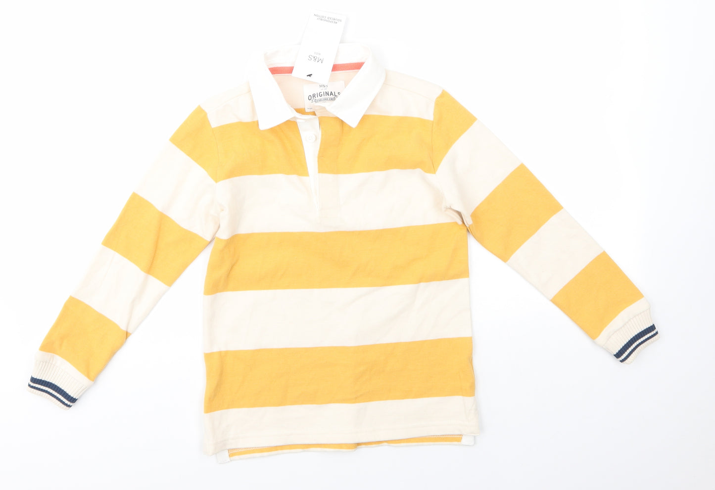 M&S Boys Yellow Collared Striped 100% Cotton Pullover Jumper Size 7-8 Years