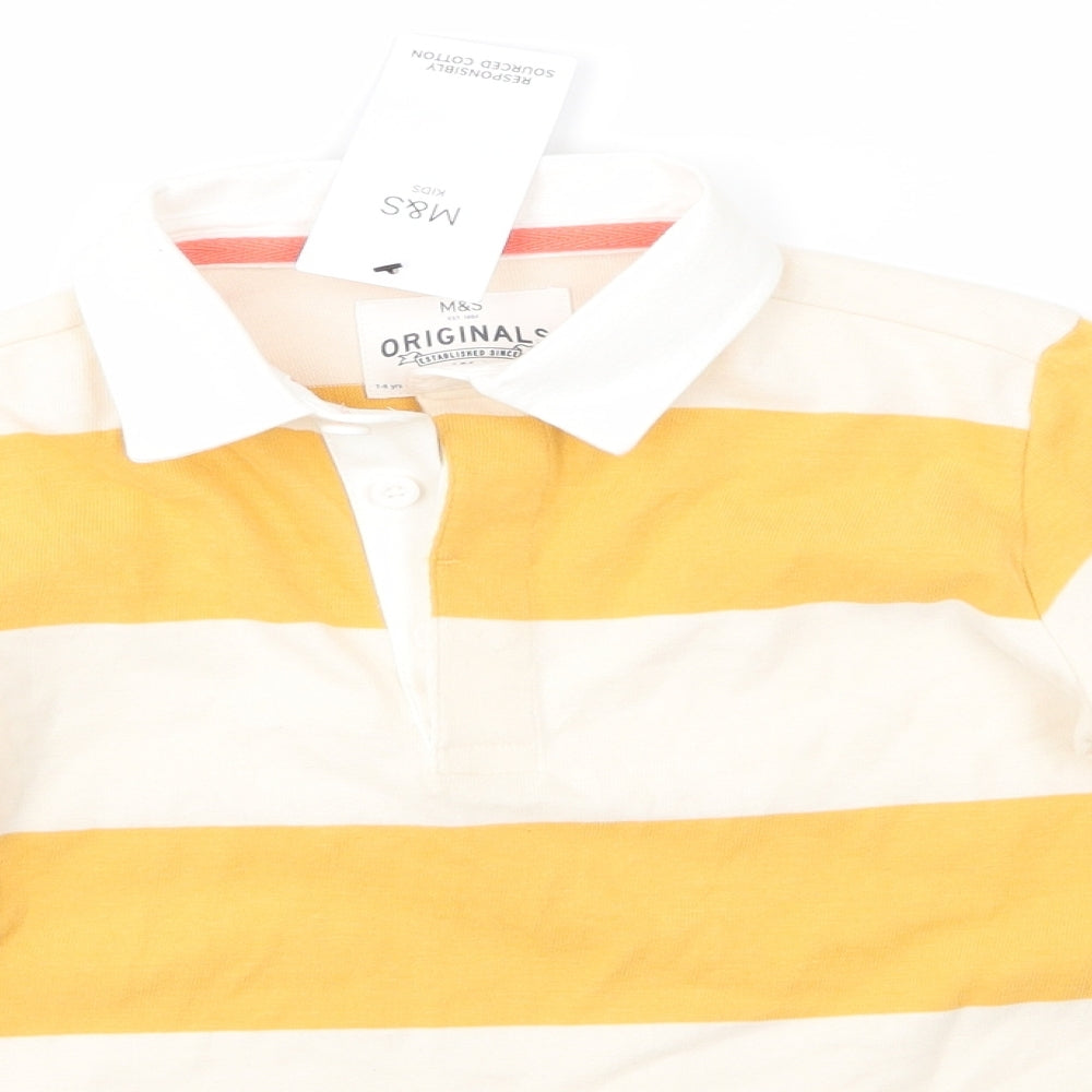 M&S Boys Yellow Collared Striped 100% Cotton Pullover Jumper Size 7-8 Years