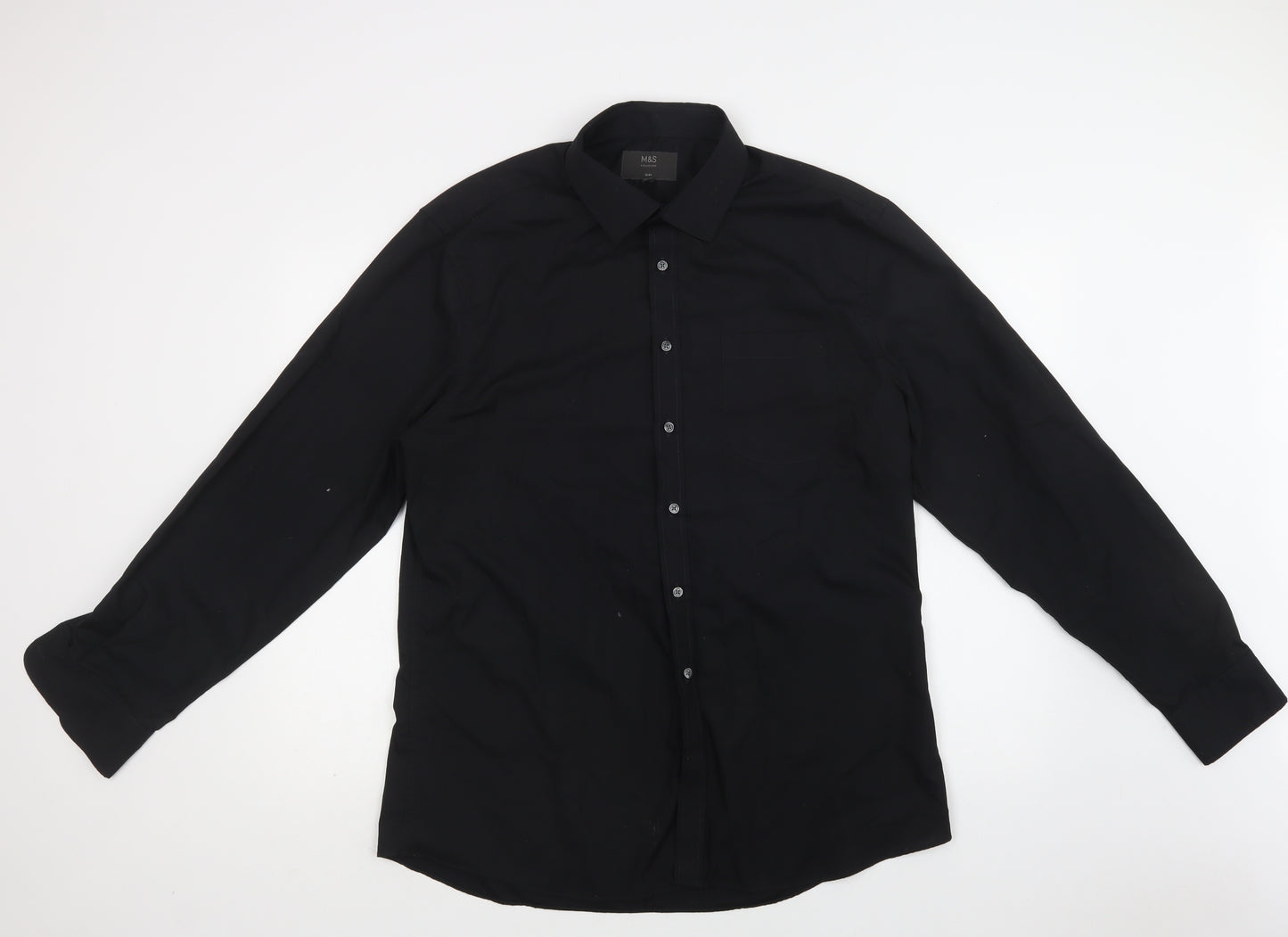 M&S Mens Black  Polyester  Dress Shirt Size 17.5 Collared Button
