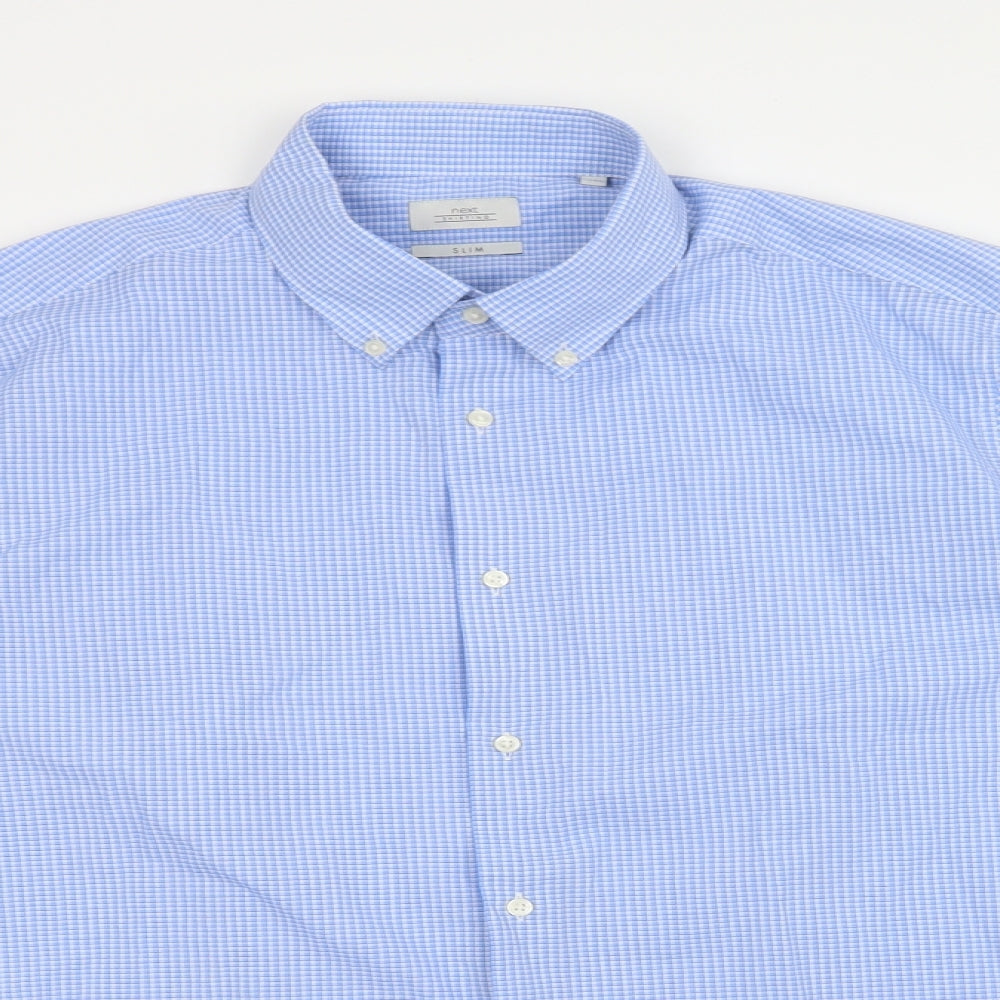 NEXT Mens Blue Check Polyester  Dress Shirt Size 17 Collared Button