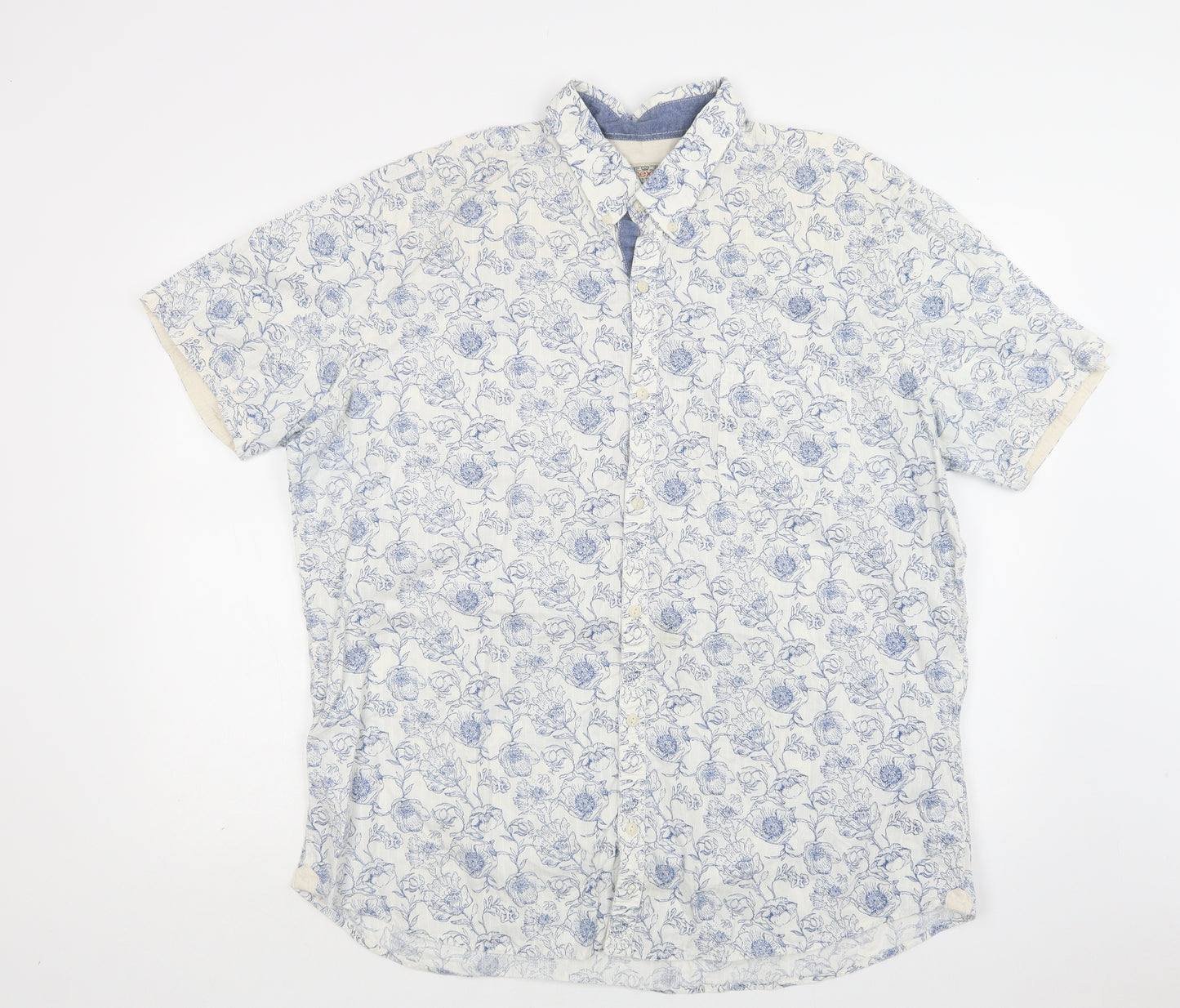 NEXT Mens White Floral Cotton  Button-Up Size 2XL Collared Button