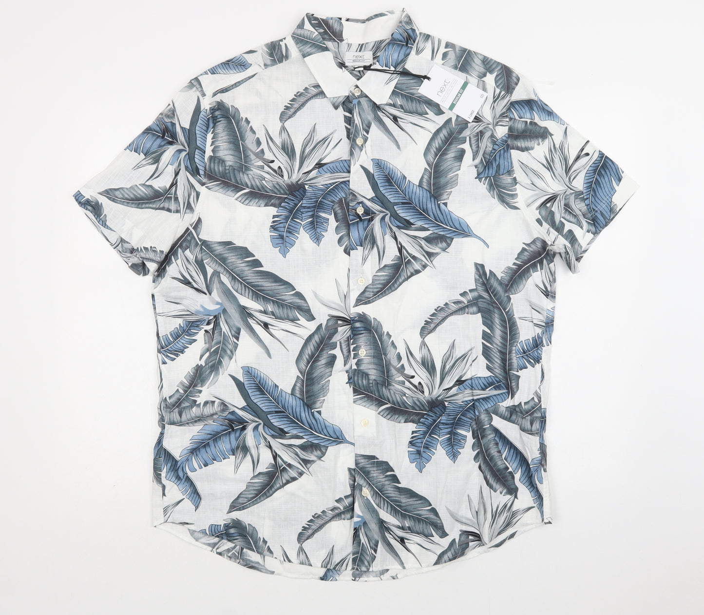 NEXT Mens White Floral Cotton  Button-Up Size XL Collared Button