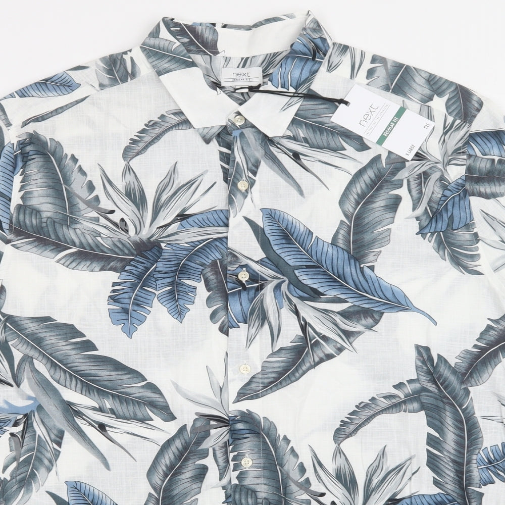 NEXT Mens White Floral Cotton  Button-Up Size XL Collared Button