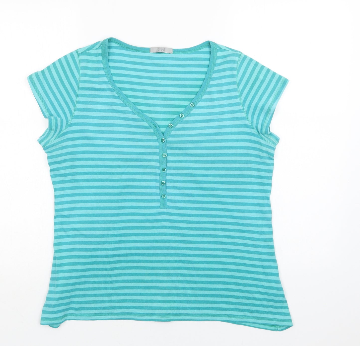 M&S Womens Green Striped Cotton Basic T-Shirt Size 18 V-Neck