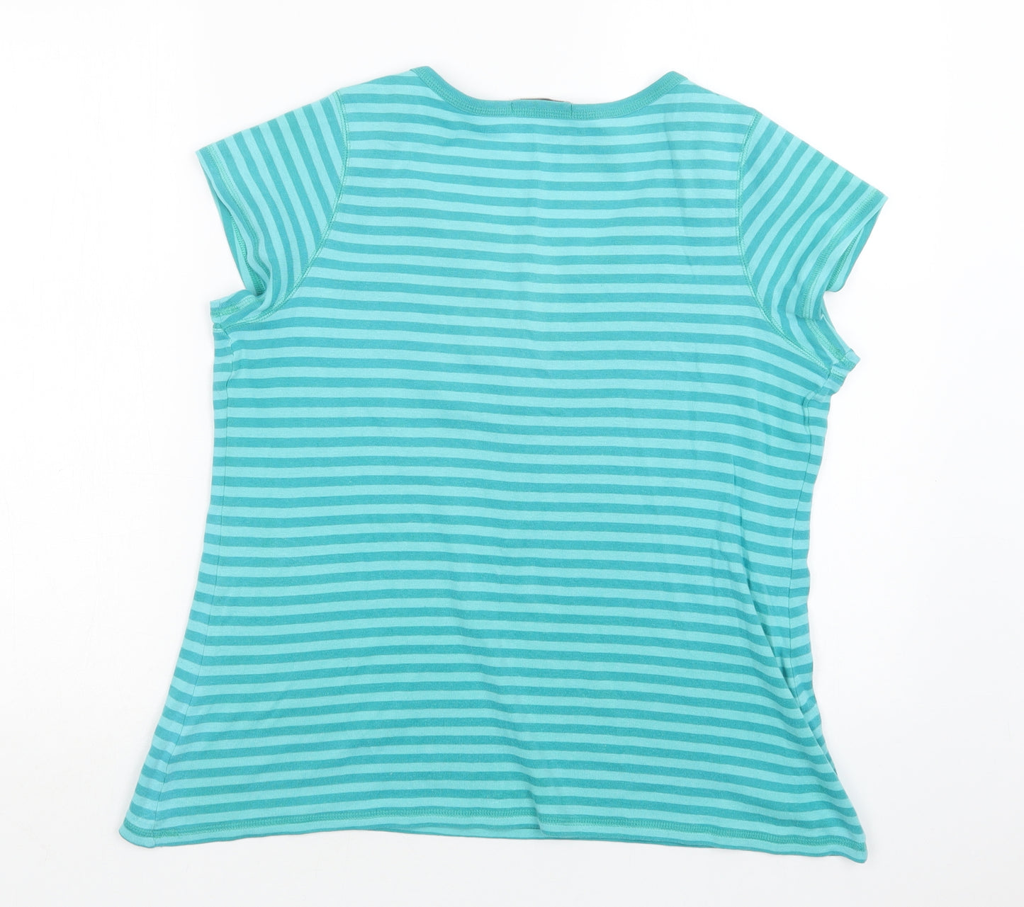 M&S Womens Green Striped Cotton Basic T-Shirt Size 18 V-Neck