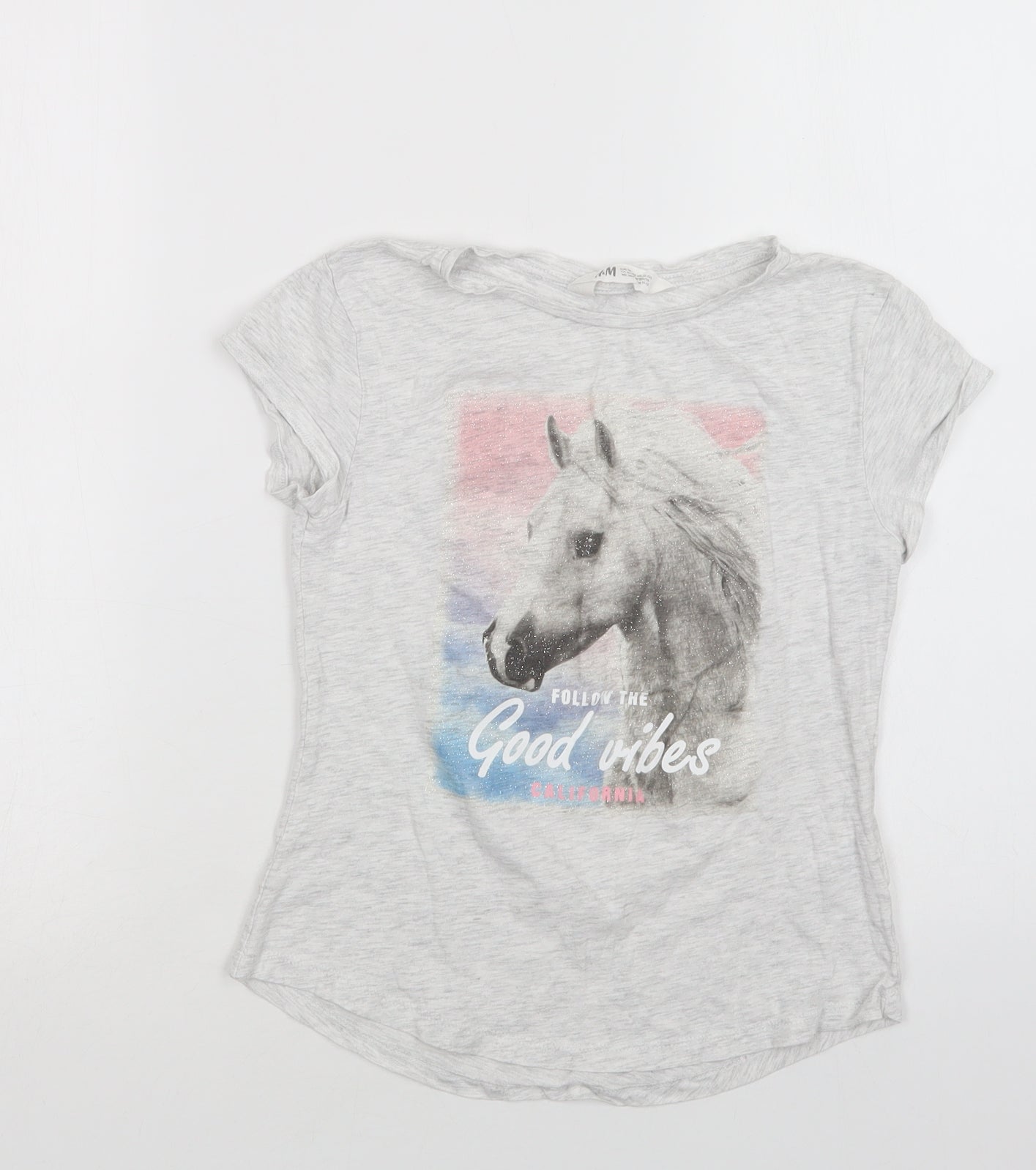 H&M Girls Grey  Cotton Basic T-Shirt Size 10-11 Years Crew Neck  - Horse