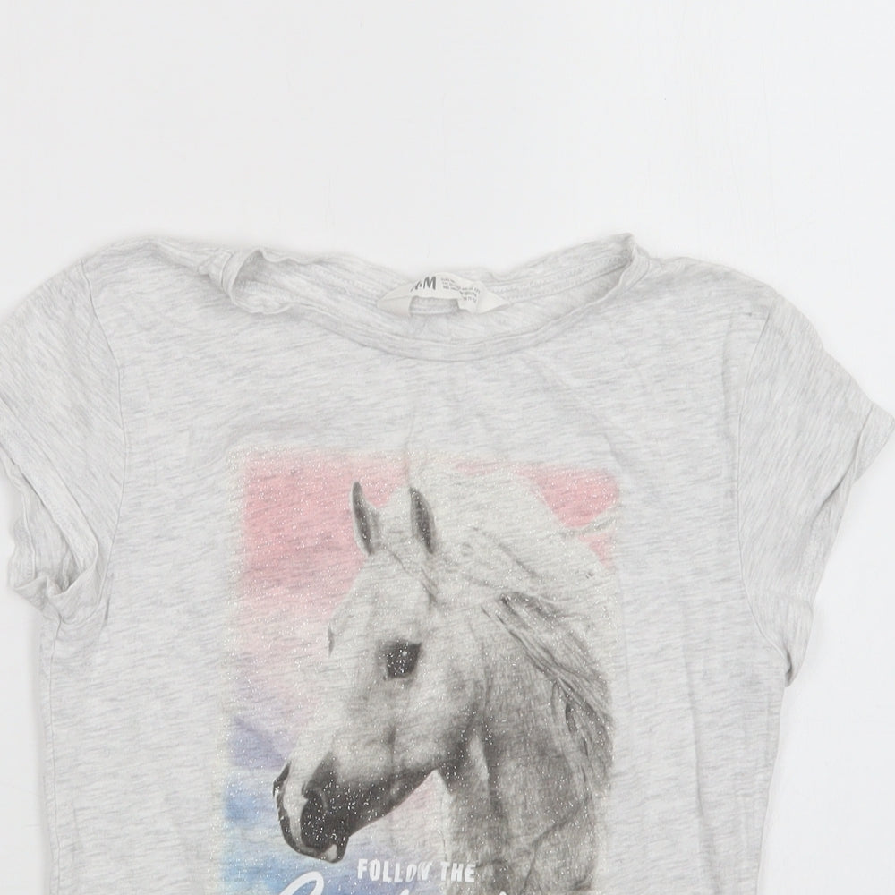 H&M Girls Grey  Cotton Basic T-Shirt Size 10-11 Years Crew Neck  - Horse
