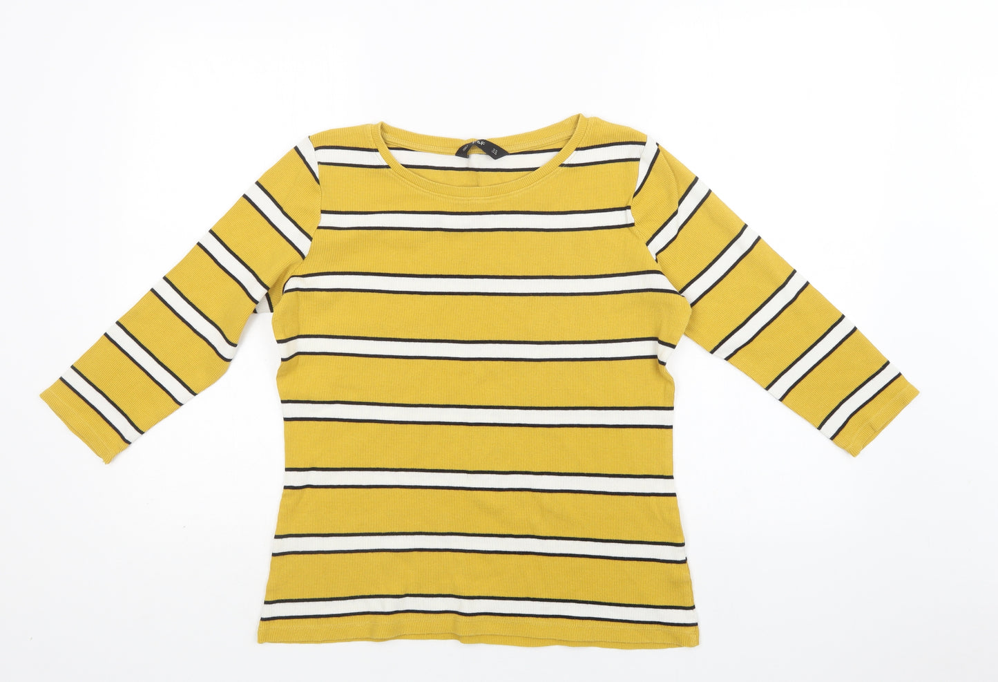 F&F Womens Yellow Striped Cotton Basic Blouse Size 14 Crew Neck
