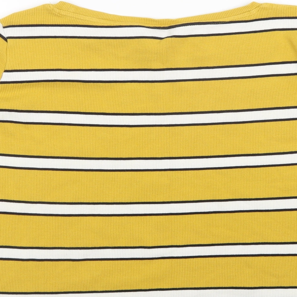 F&F Womens Yellow Striped Cotton Basic Blouse Size 14 Crew Neck