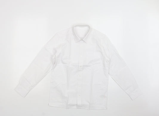 Front view of Matalan boys’ white polyester basic button-up, size 12, years collared button - school wear