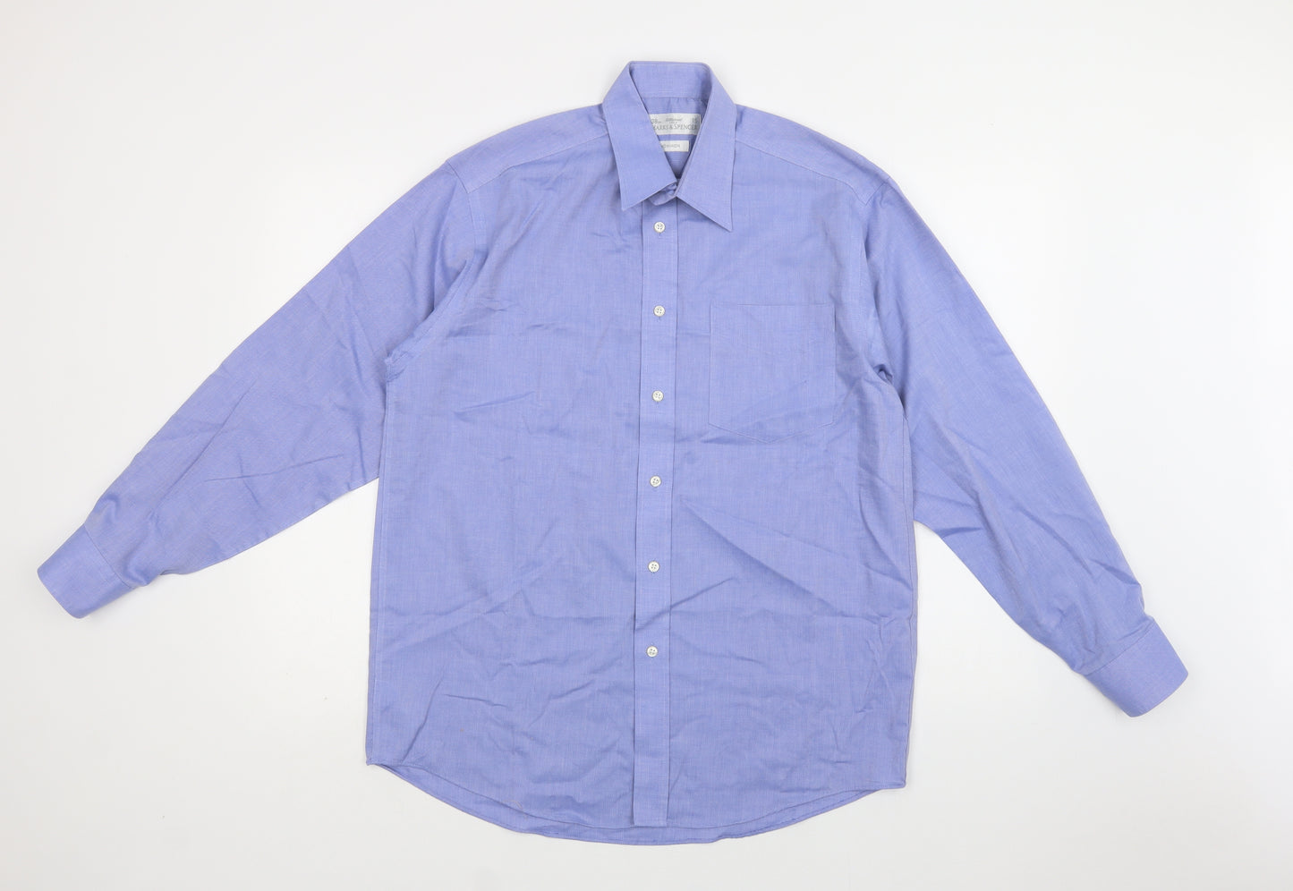 M&S Mens Blue  Polyester  Dress Shirt Size 15 Collared Button