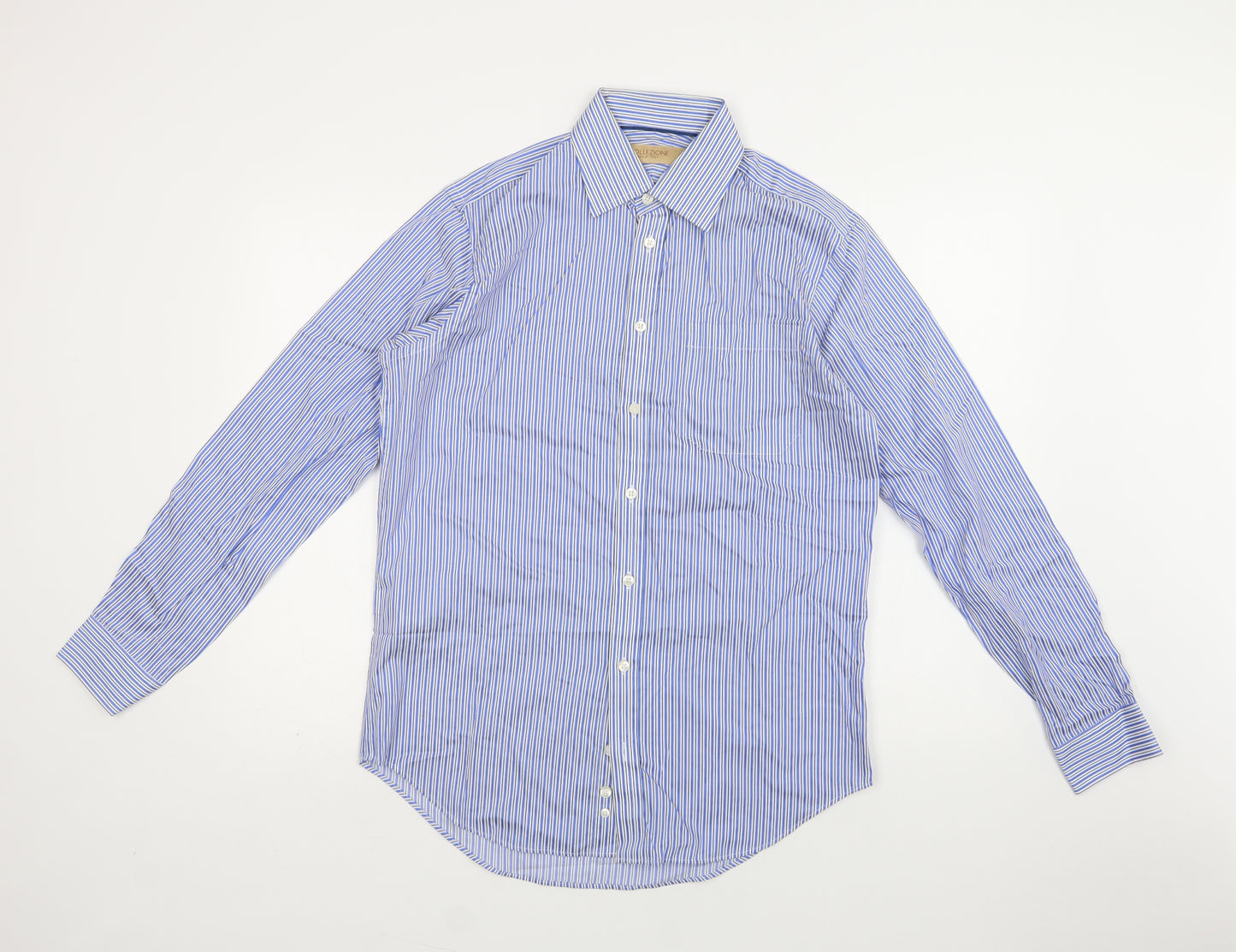 M&S Mens Blue Striped Cotton  Dress Shirt Size 15 Collared Button