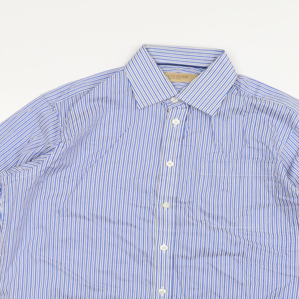 M&S Mens Blue Striped Cotton  Dress Shirt Size 15 Collared Button