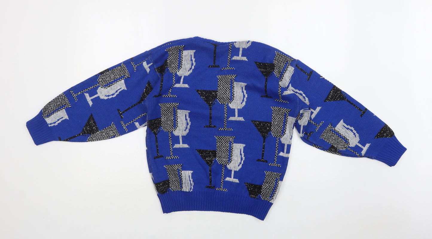 Bands Womens Blue Crew Neck Geometric Acrylic Pullover Jumper Size S