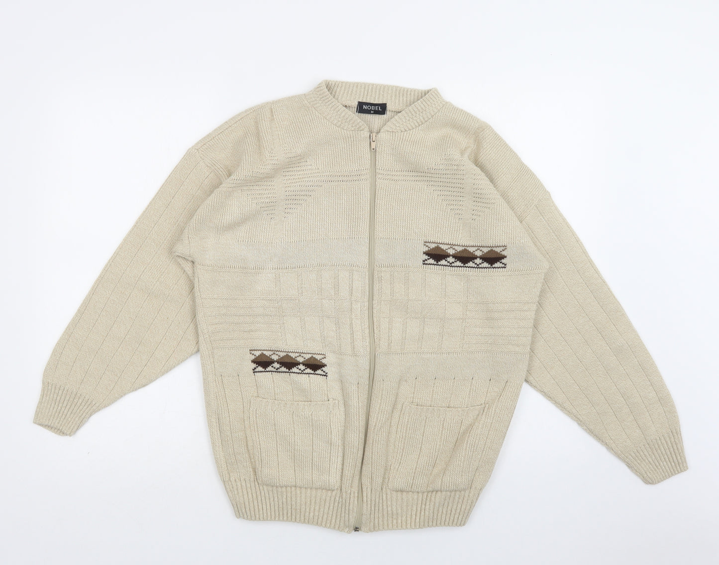 Nobel Mens Beige Collared Geometric Acrylic Full Zip Jumper Size M