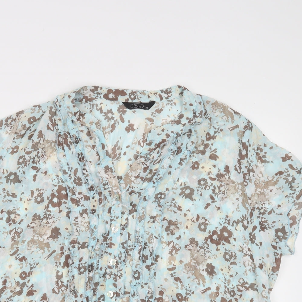 BM Womens Blue Floral Polyester Basic Blouse Size 20 V-Neck