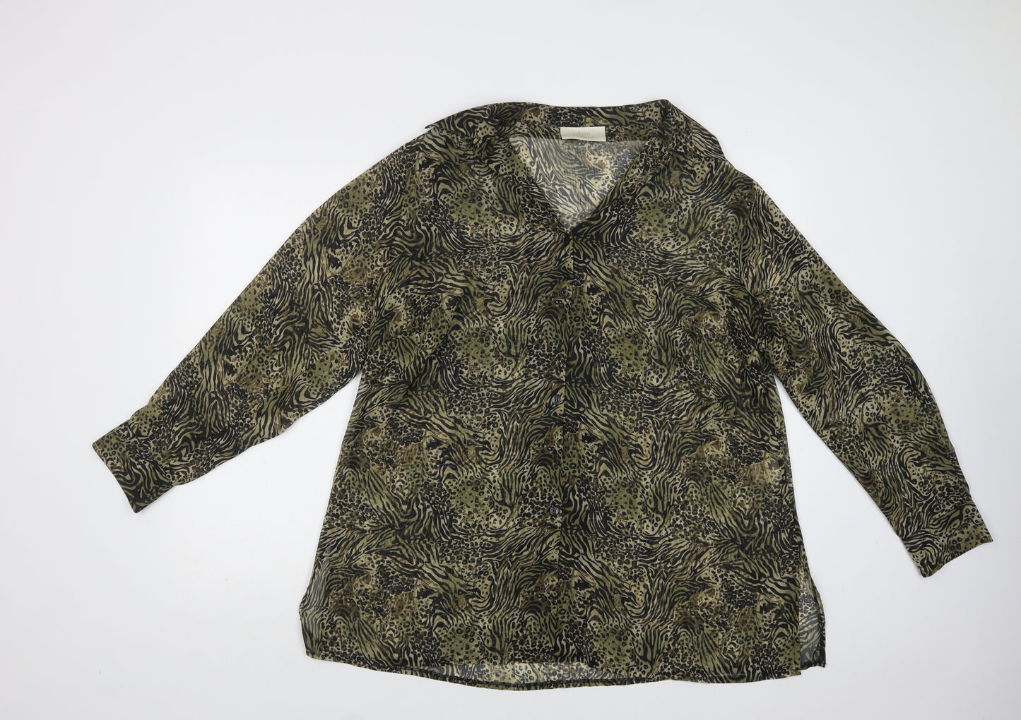Ann Harvey Womens Green Animal Print Polyester Basic Button-Up Size 18 Collared