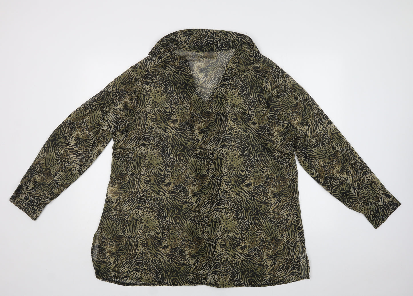 Ann Harvey Womens Green Animal Print Polyester Basic Button-Up Size 18 Collared