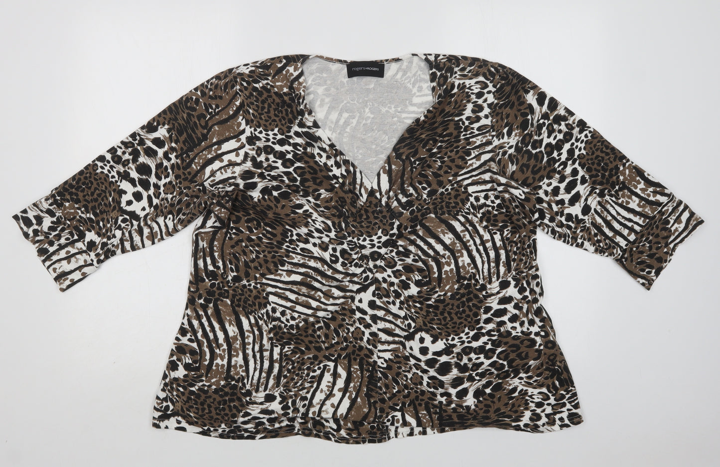 Rogers+ Rogers  Womens Brown Animal Print Viscose Basic Blouse Size 8 V-Neck