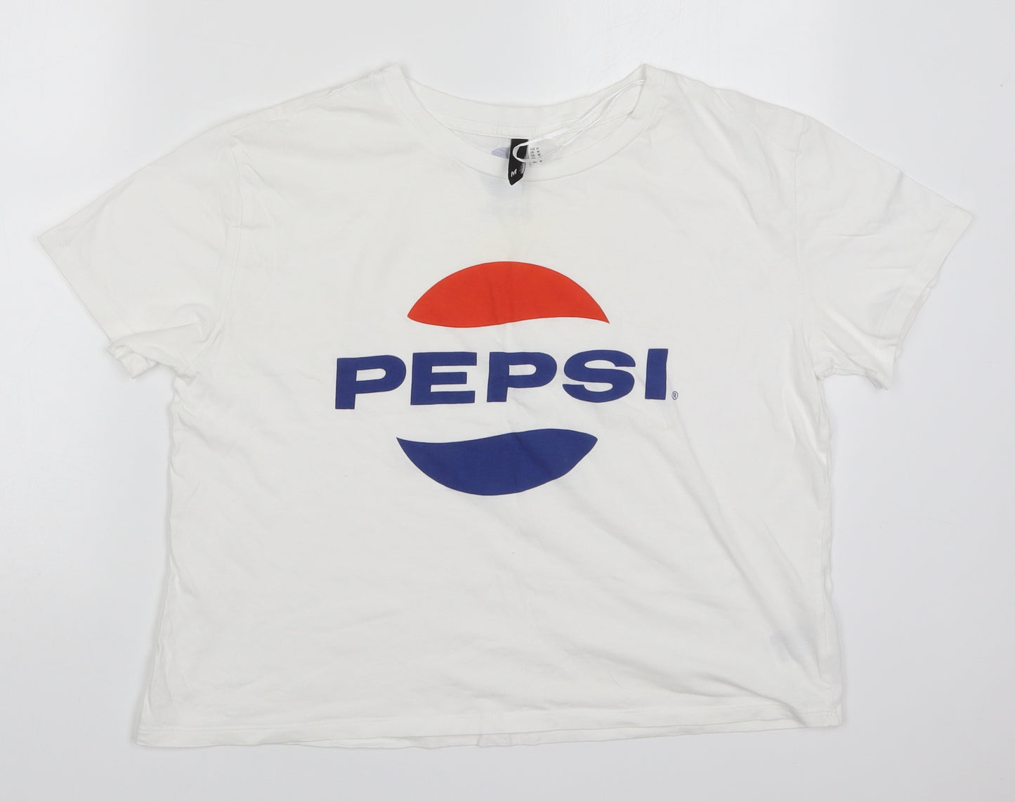 H&M Womens White  Cotton Cropped T-Shirt Size M Crew Neck - Pepsi