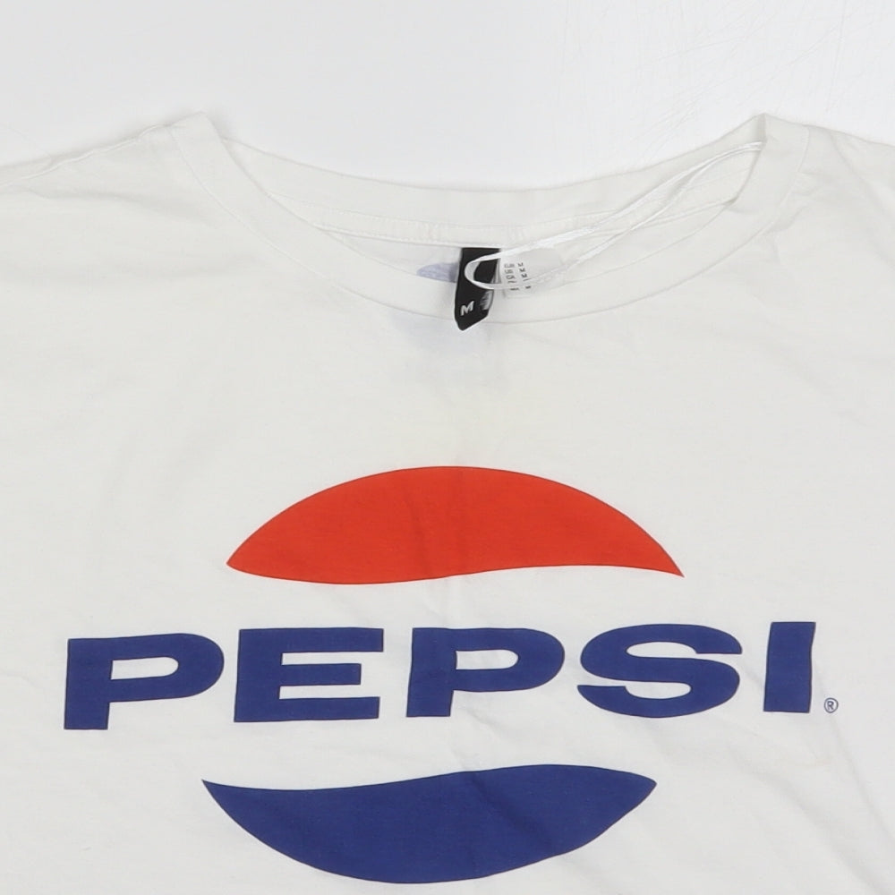 H&M Womens White  Cotton Cropped T-Shirt Size M Crew Neck - Pepsi