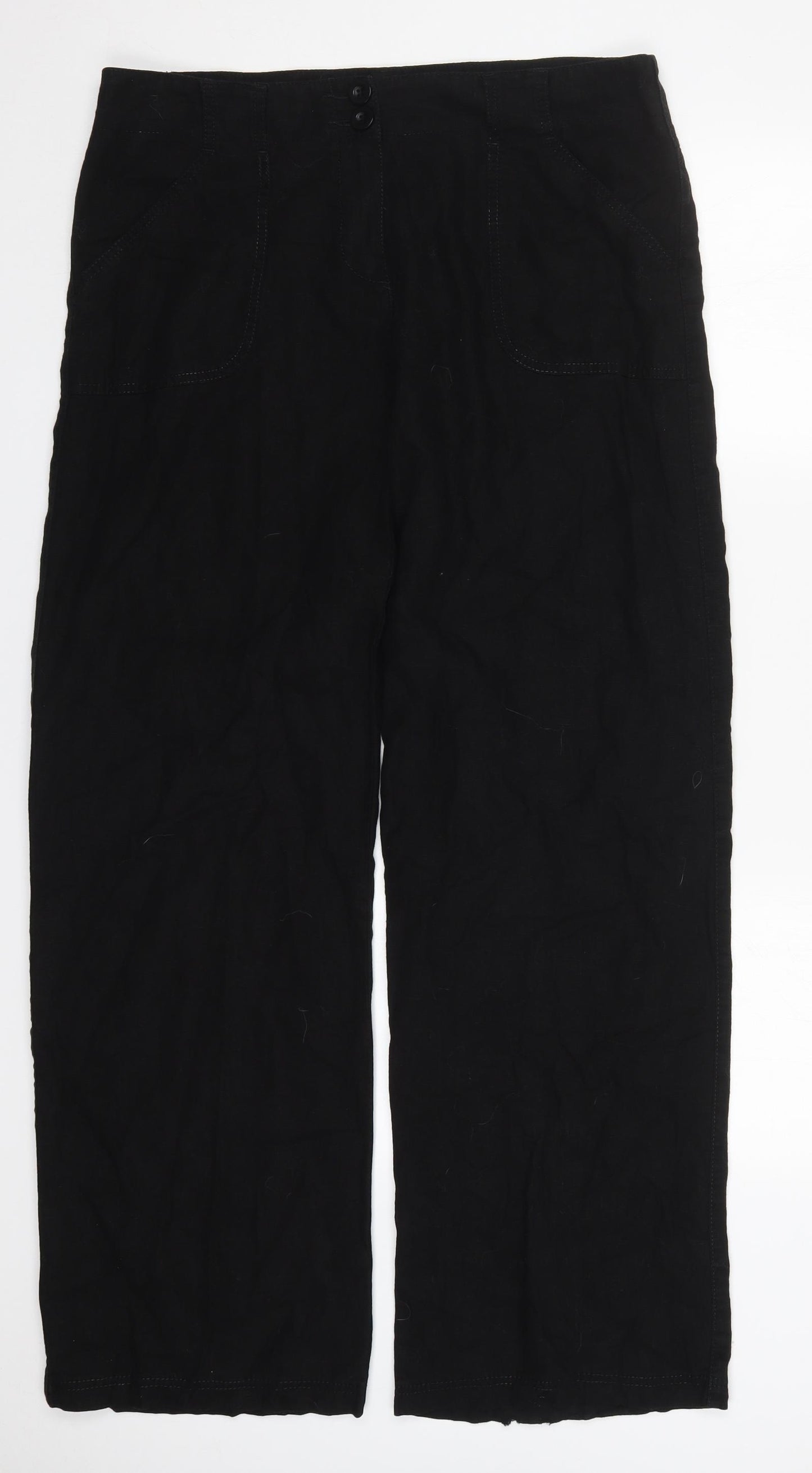 Marks and Spencer Womens Black  Linen Trousers  Size 14 L32 in Regular Button