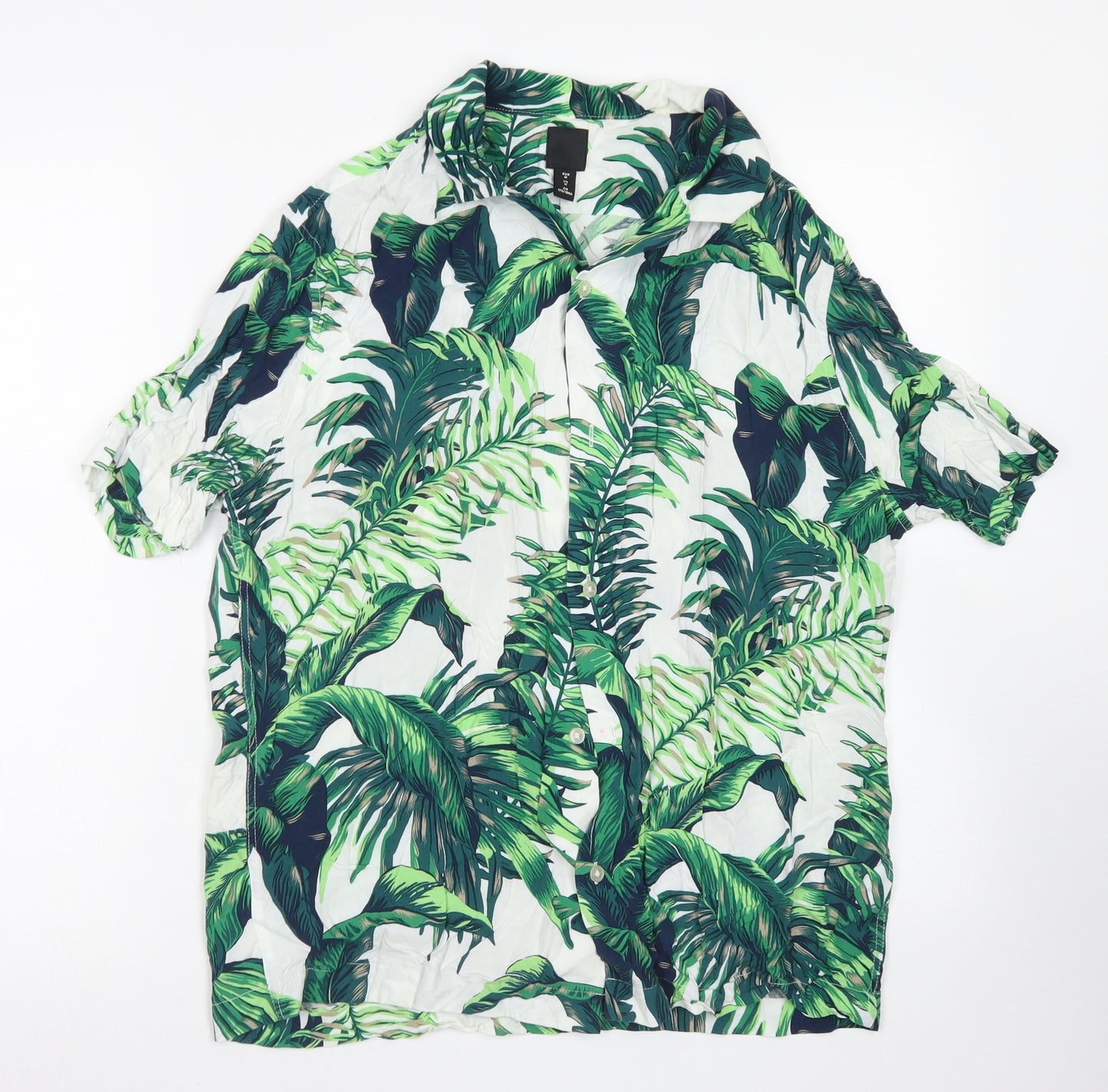 H&M Mens Green Floral Viscose  Button-Up Size M Collared Button