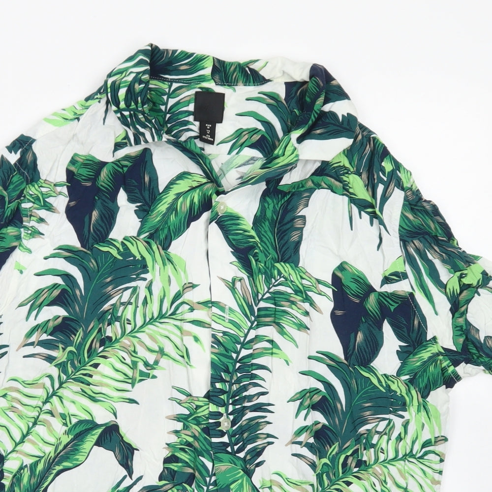 H&M Mens Green Floral Viscose  Button-Up Size M Collared Button