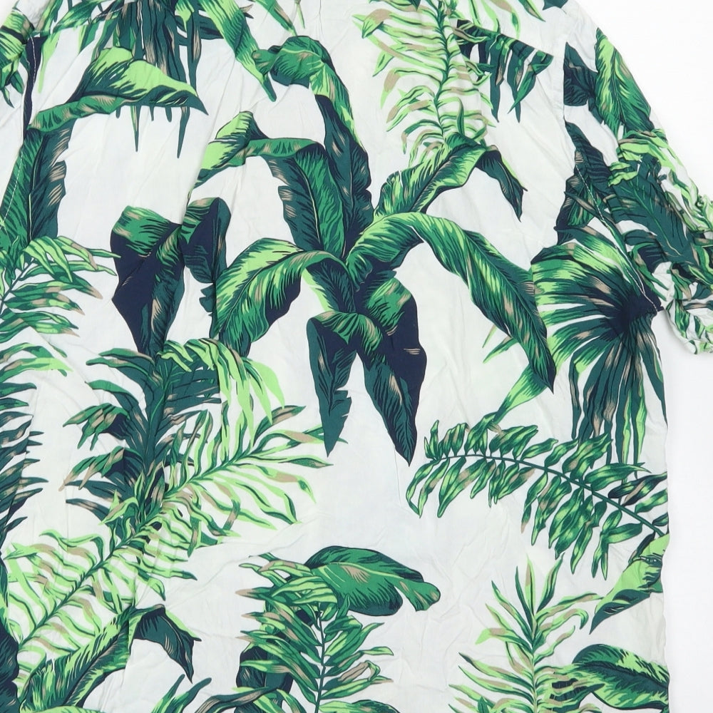 H&M Mens Green Floral Viscose  Button-Up Size M Collared Button