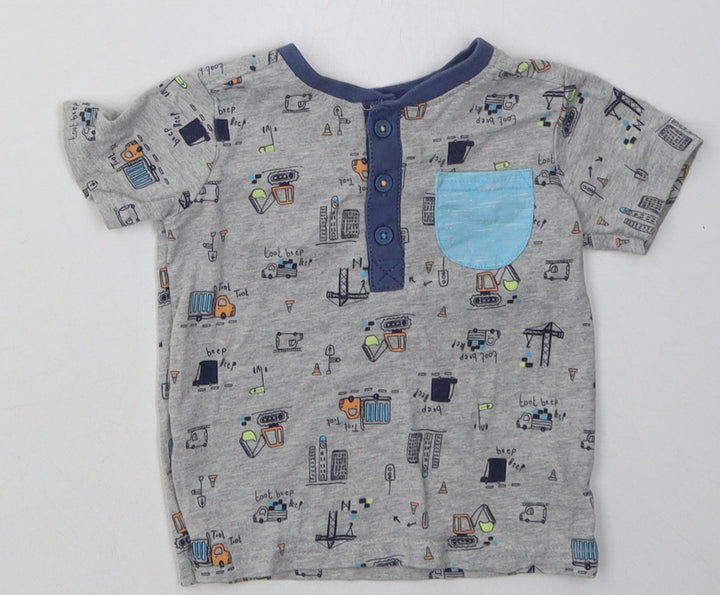 George Boys Grey Geometric Cotton Basic T-Shirt Size 6-9 Months Crew Neck Button - lorry print