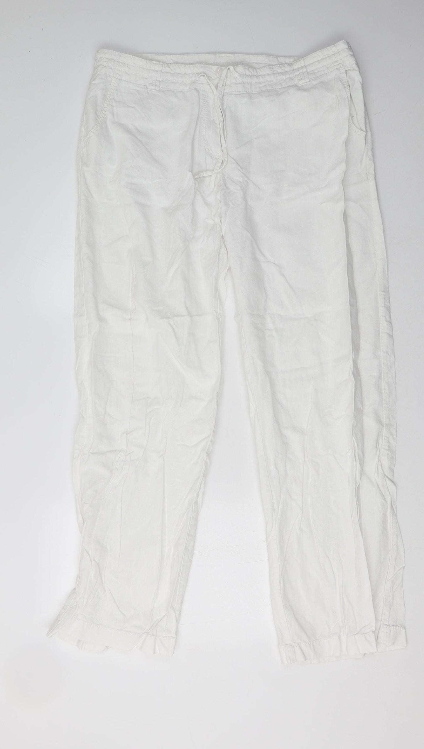 NEXT Womens White  Linen Trousers  Size 16 L33 in Regular Button