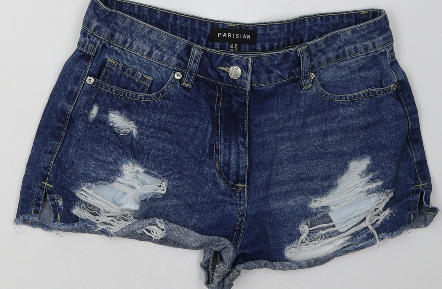 Parisian Womens Blue  Cotton Hot Pants Shorts Size 12 L3 in Regular Button - ripped shorts