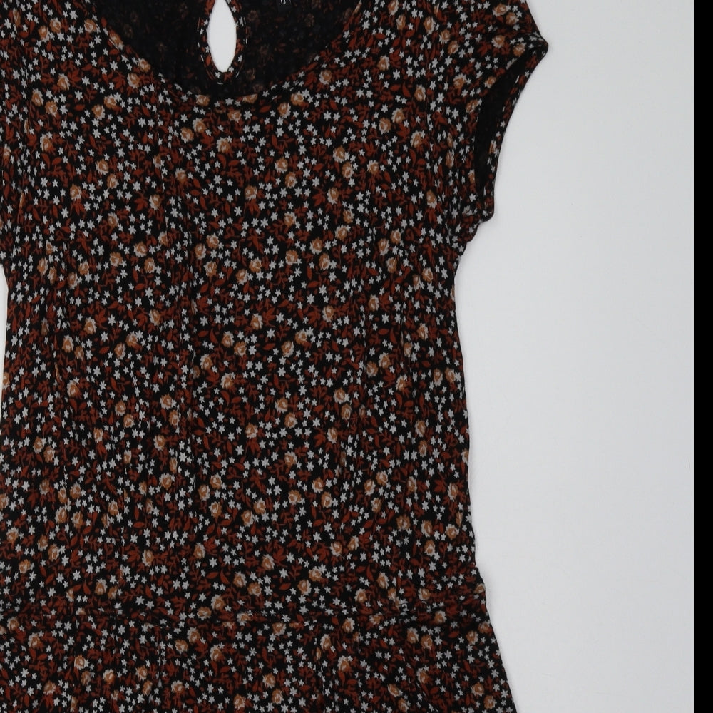 Matalan Womens Brown Floral Viscose A-Line  Size 12  Crew Neck Button