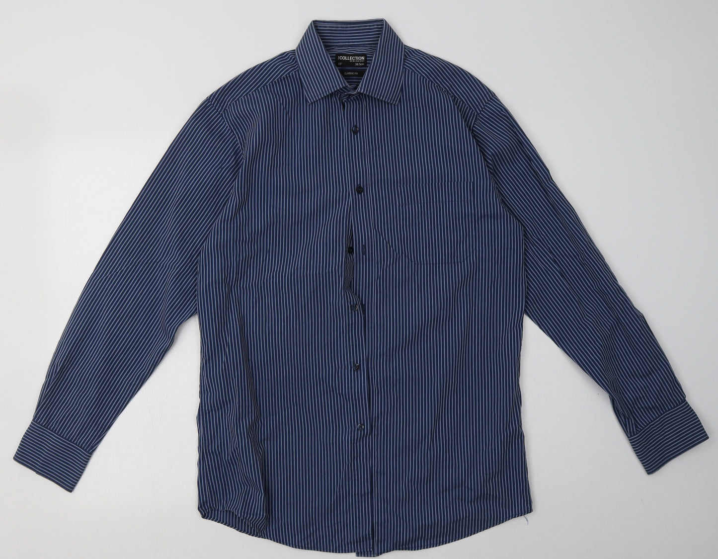 Debenhams Mens Blue Striped Polyester  Button-Up Size 15 Collared Button