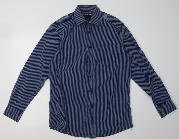 Debenhams Mens Blue Striped Polyester  Button-Up Size 15 Collared Button