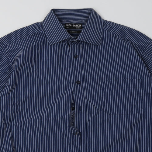 Debenhams Mens Blue Striped Polyester  Button-Up Size 15 Collared Button