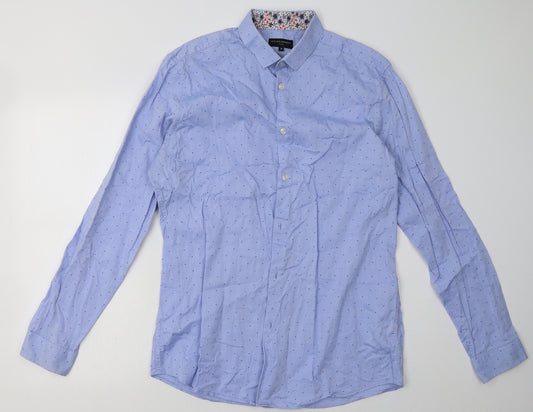 Front view of Matalan men’s blue polka dot cotton button-up, size 16, collared button