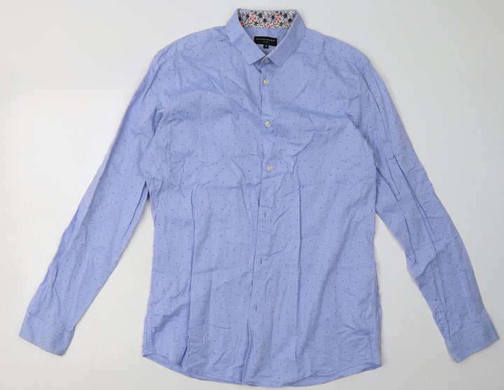 Matalan Mens Blue Polka Dot Cotton  Button-Up Size 16 Collared Button