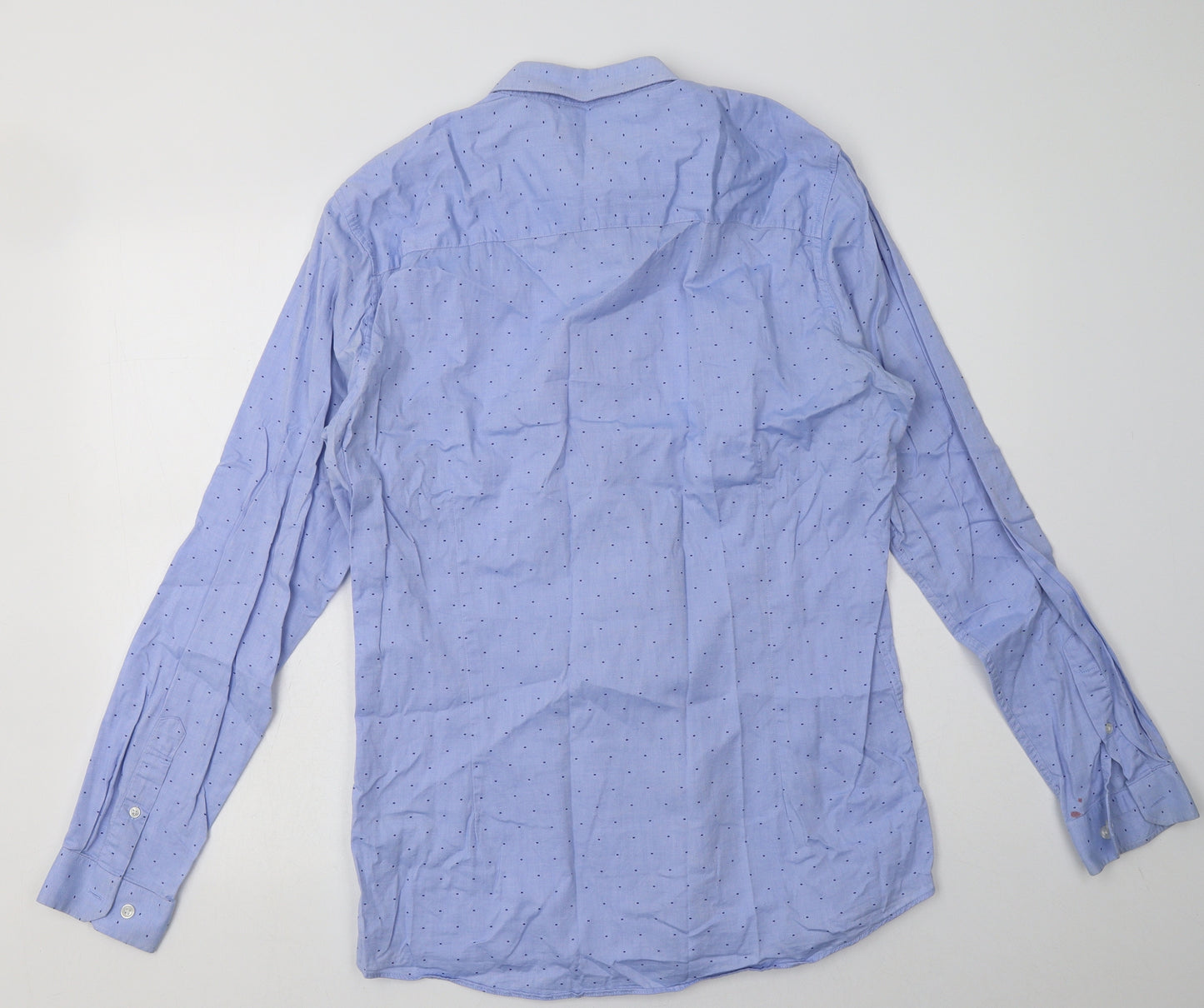 Matalan Mens Blue Polka Dot Cotton  Button-Up Size 16 Collared Button
