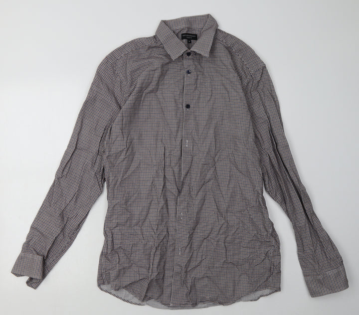 Matalan Mens Brown Check Cotton Button-Up Size 16 Collared Button