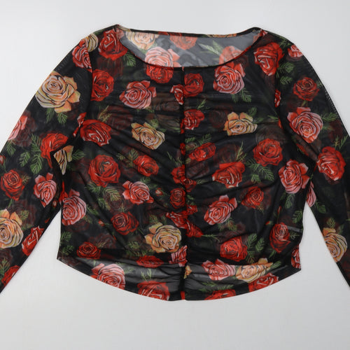 SheIn Womens Red Floral Polyester Cropped Blouse Size 4XL Crew Neck