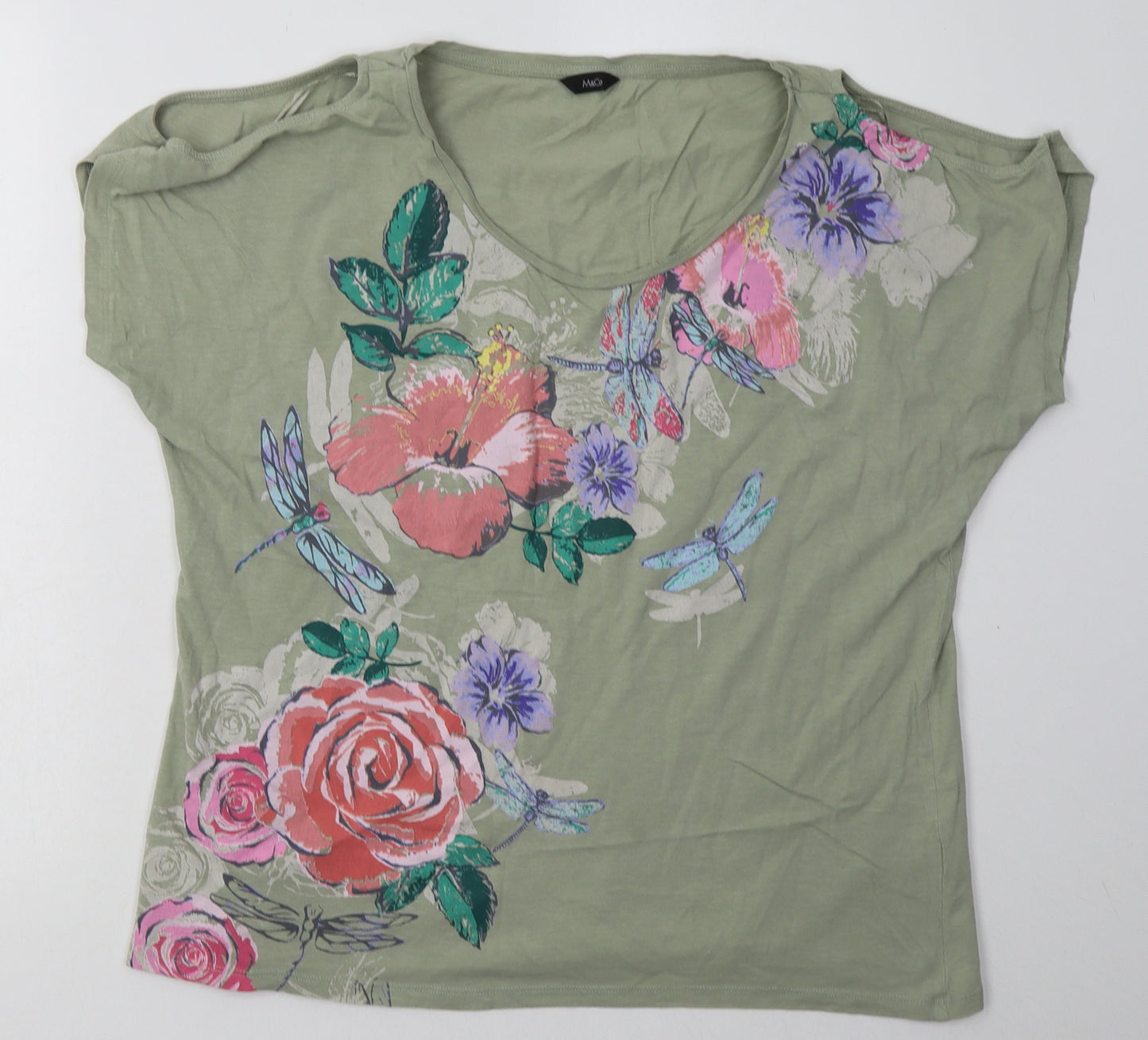 M&Co Womens Green Floral Cotton Basic T-Shirt Size 16 Crew Neck