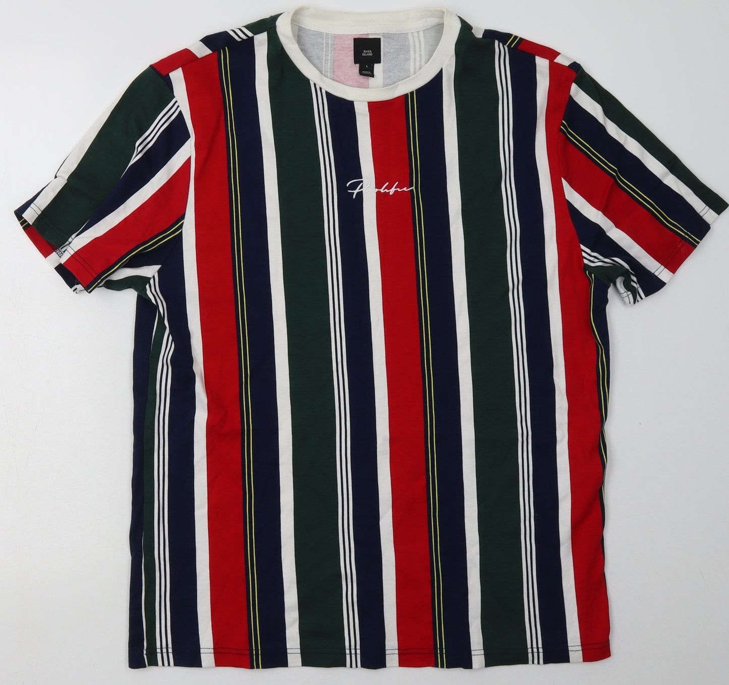 River Island Mens Multicoloured Striped Cotton  T-Shirt Size L Crew Neck