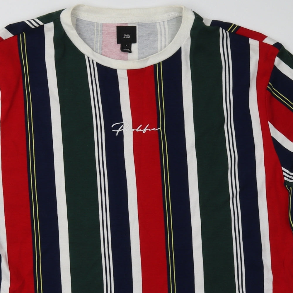 River Island Mens Multicoloured Striped Cotton  T-Shirt Size L Crew Neck